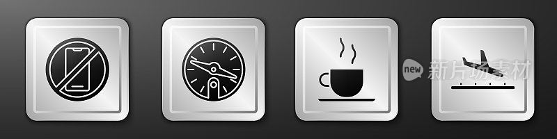 Set No cell phone, Compass, Coffee cup and Plane landing icon. Silver square button. Vector